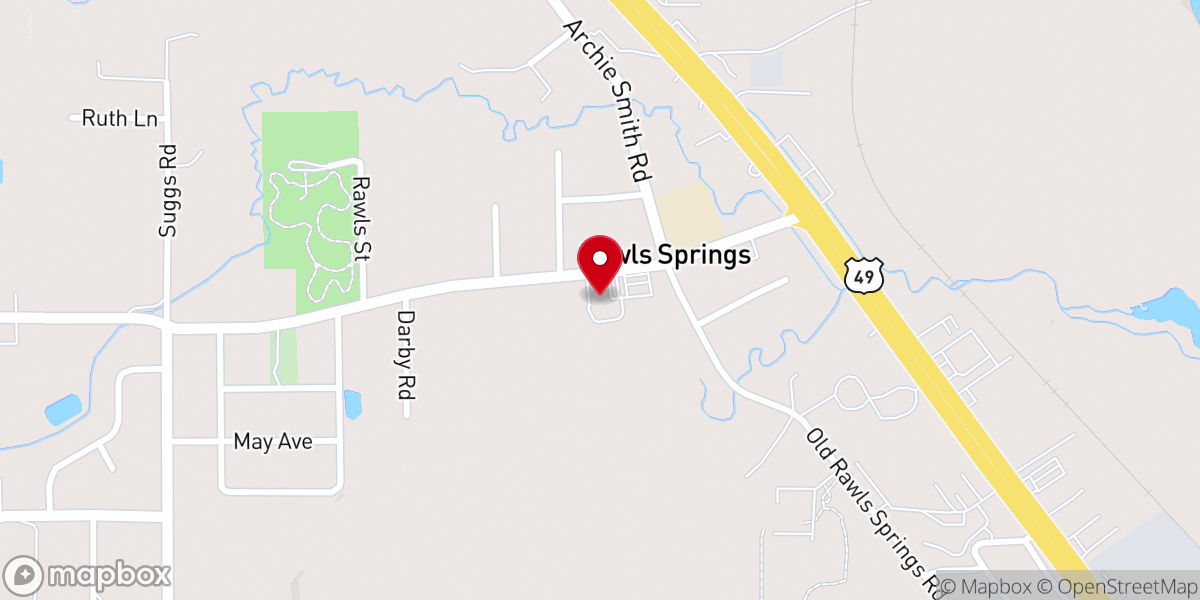 Map showing location of Rawls Springs Baptist Church