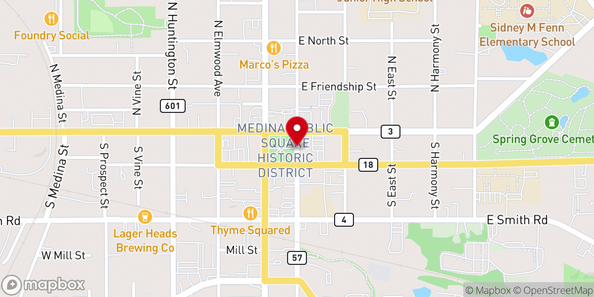 Map showing location of Medina Public Square Historic District