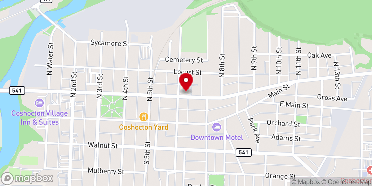 Map showing location of First Baptist Church of Coshocton