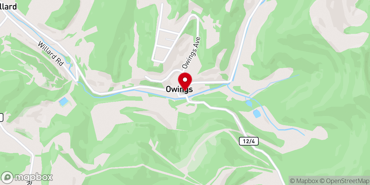 Map showing location of Owings Baptist Church
