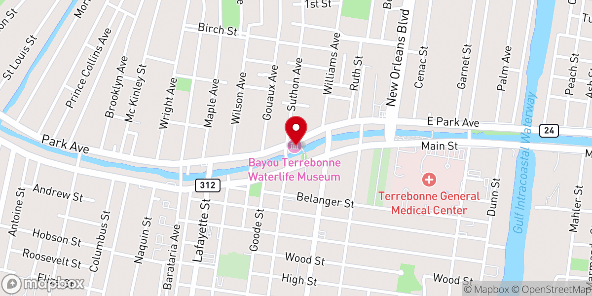 Map showing location of Bayou Terrebonne Waterlife Museum