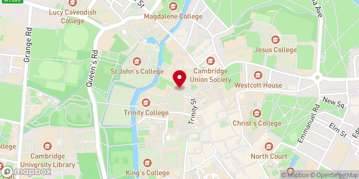 Map showing location of Trinity College Chapel, Cambridge