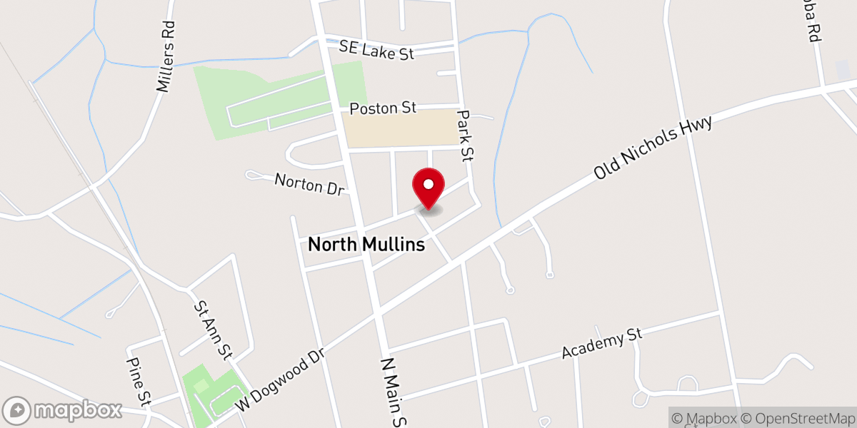 Map showing location of North Mullins Baptist Church