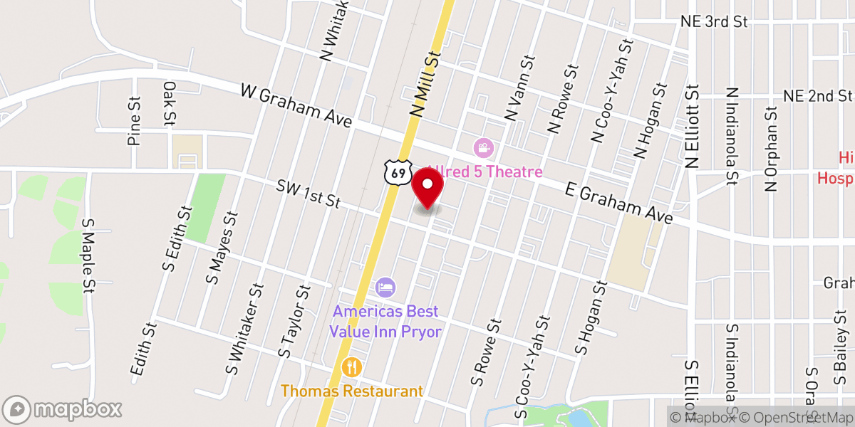 Map showing location of Pryor Creek Baptist Church
