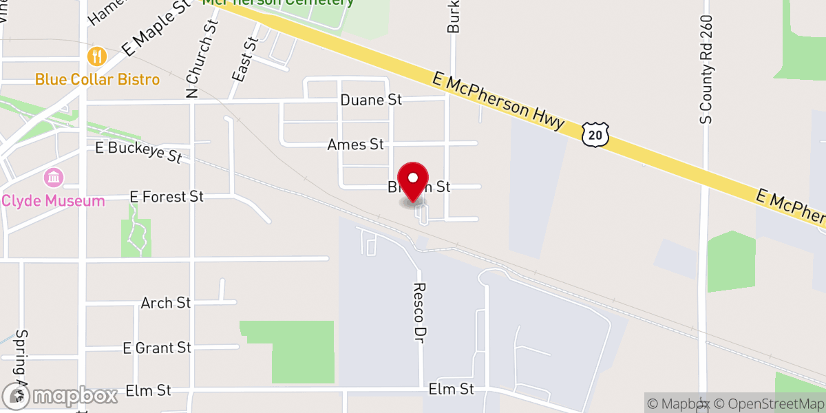 Map showing location of First Baptist Church of Clyde