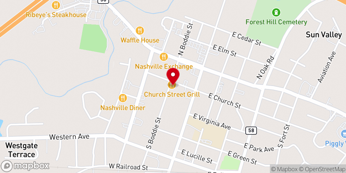 Map showing location of Church Street Grill