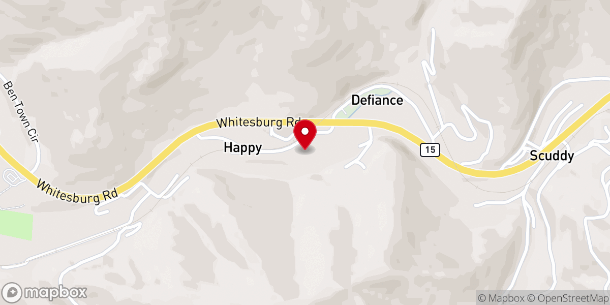 Map showing location of Happy Freewill Baptist Church