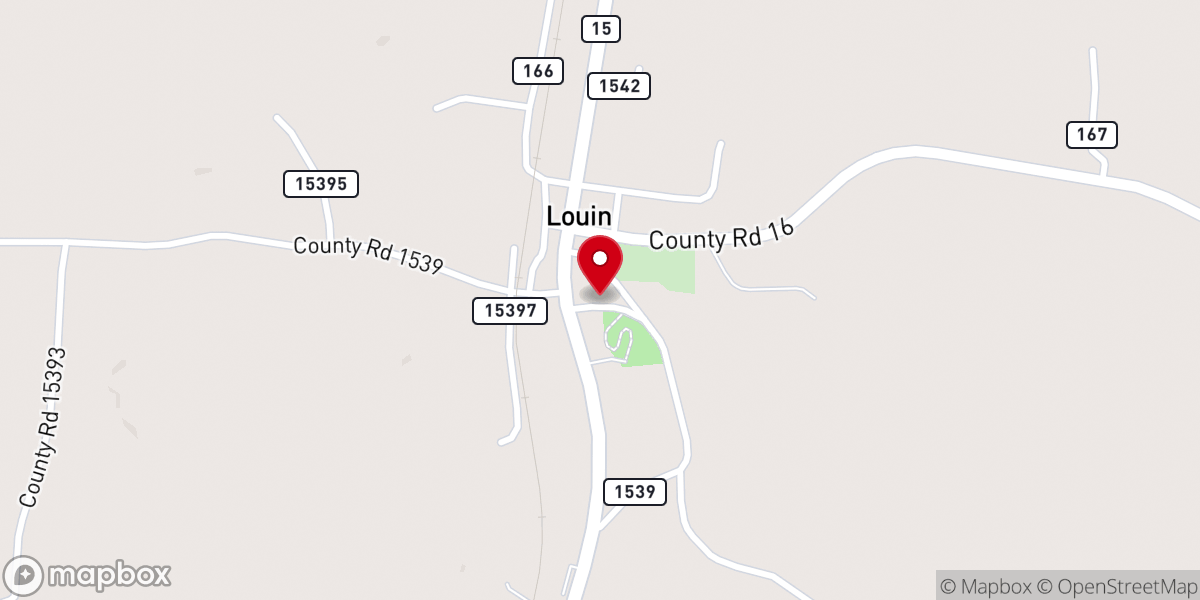 Map showing location of Louin Baptist Church