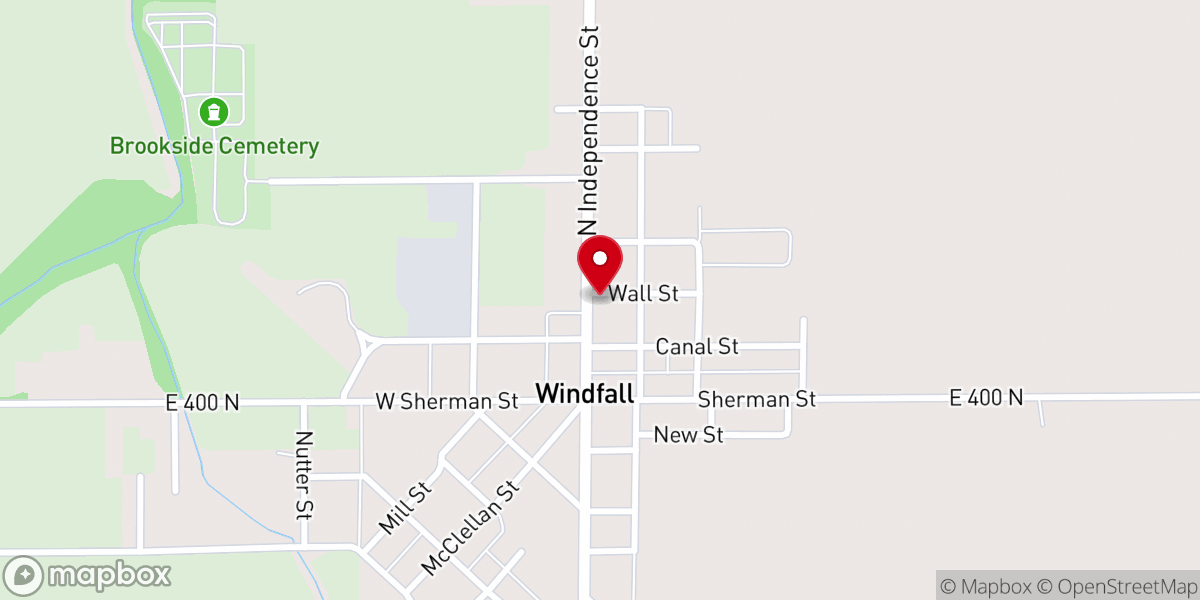 Map showing location of Windfall Christian Church