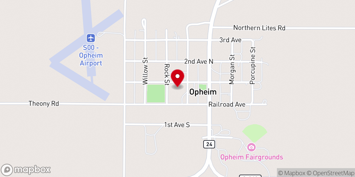 Map showing location of First Baptist Church of Opheim