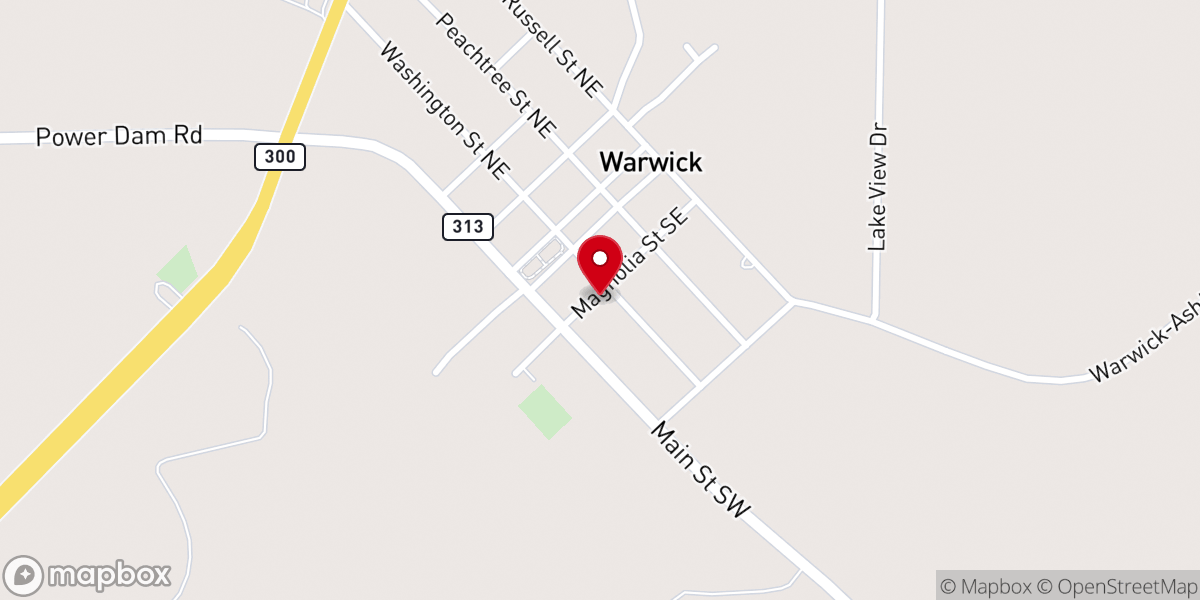 Map showing location of Warwick First Baptist Church