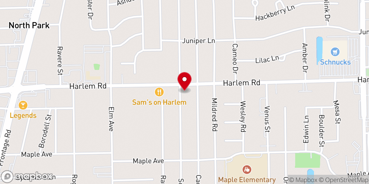 Map showing location of Harlem Road Church of Christ