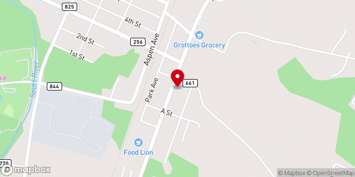 Map showing location of First Baptist Church of Grottoes