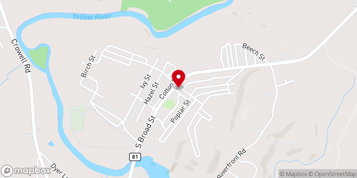 Map showing location of Porterdale Presbyterian Church