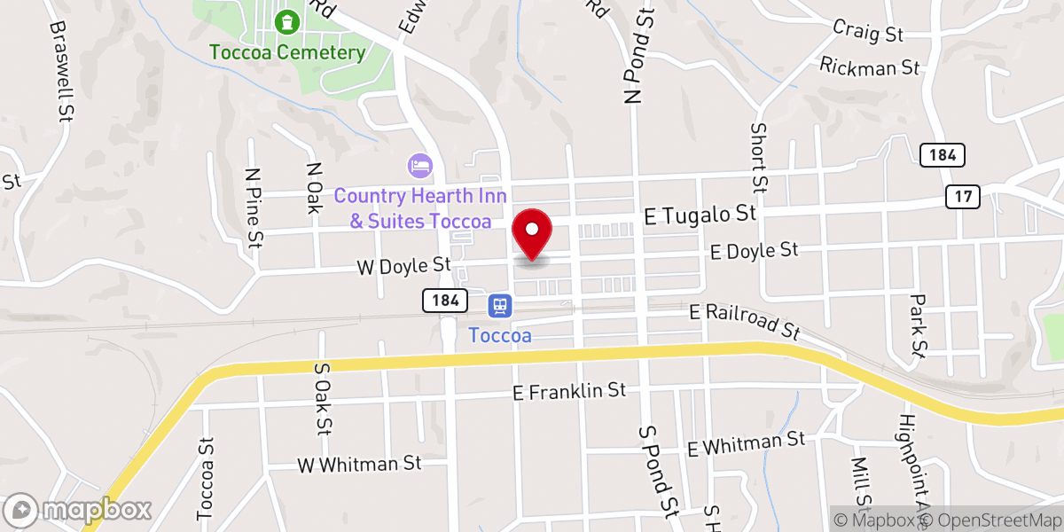 Map showing location of Toccoa Wedding Experts