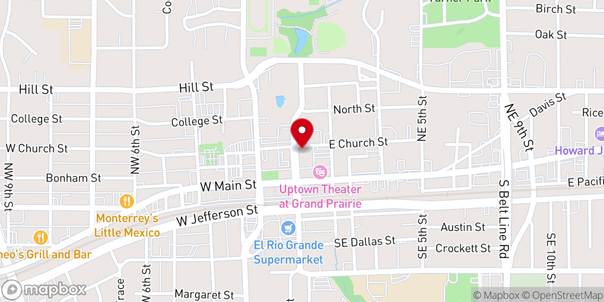 Map showing location of First Methodist Church of Grand Prairie