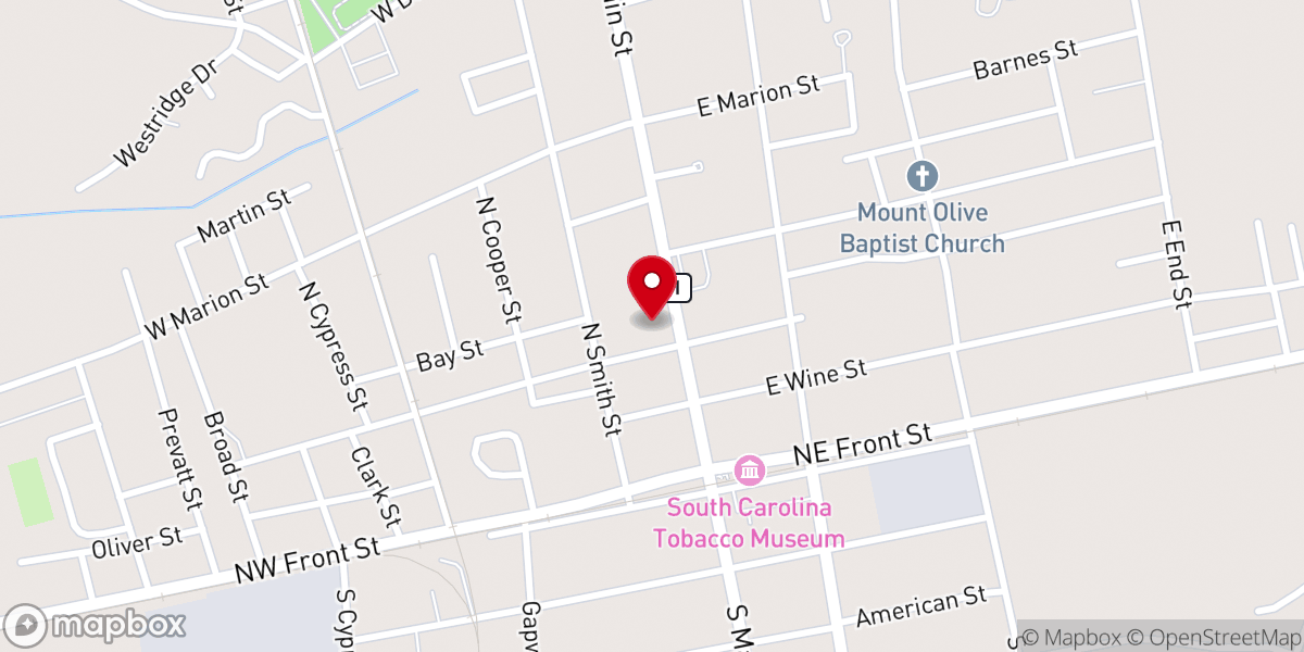 Map showing location of Mullins First Baptist Church