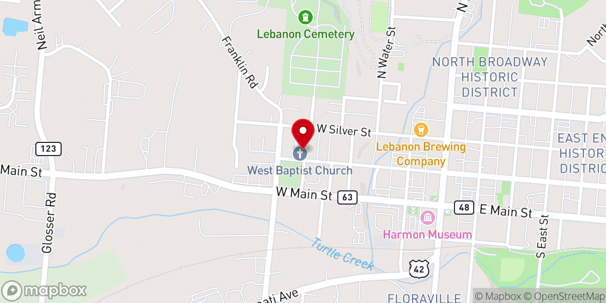 Map showing location of West Baptist Church