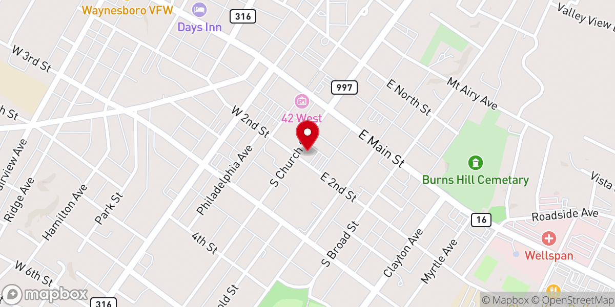 Map showing location of Evangelical Lutheran Church of Waynesboro, Pa