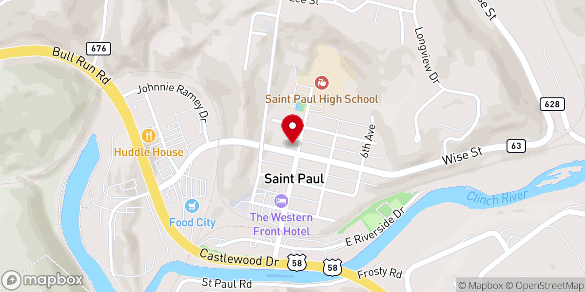 Map showing location of First Baptist Church of Saint Paul, VA