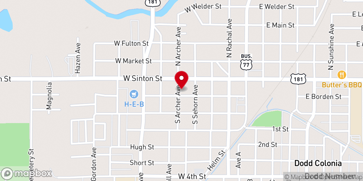Map showing location of First Baptist Church of Sinton