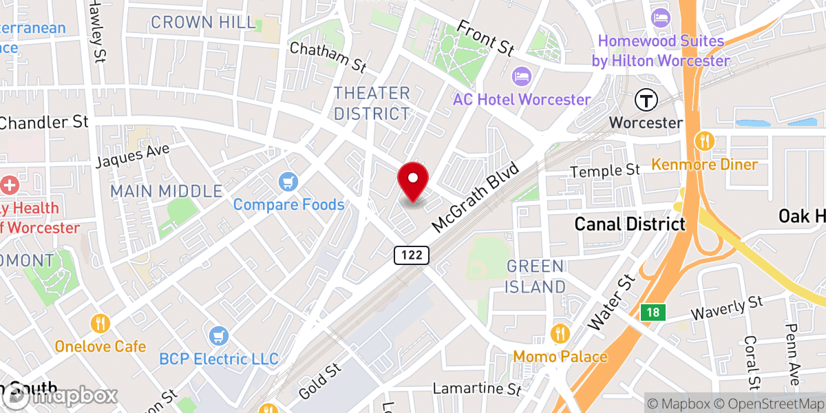 Map showing location of Assembleia de Deus Central - M.I.I. em Worcester, MA