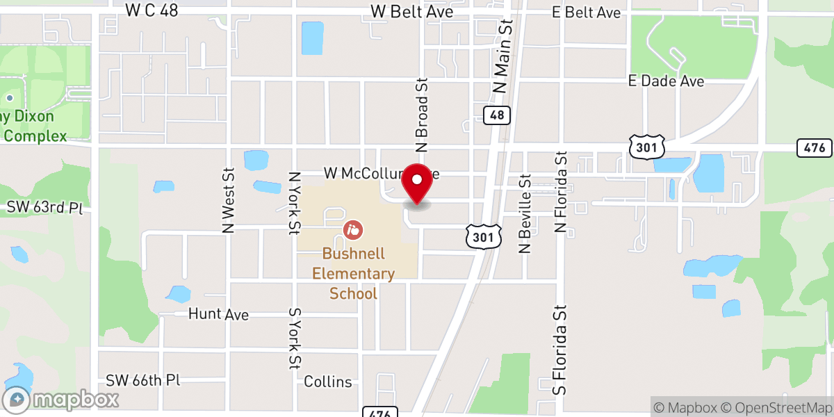 Map showing location of First Baptist Church of Bushnell
