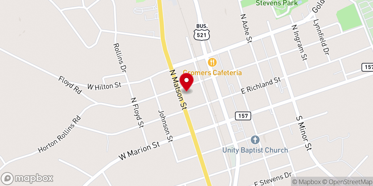 Map showing location of Kershaw First Baptist Church