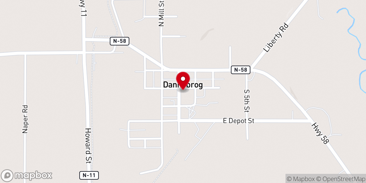 Map showing location of First Baptist Dannebrog
