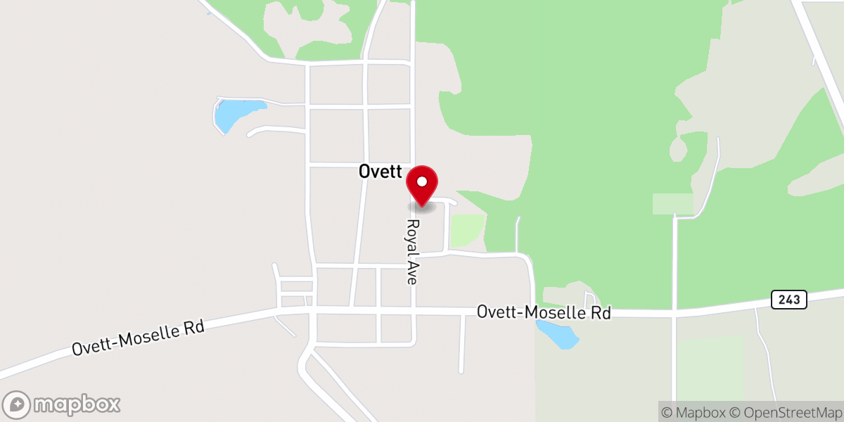 Map showing location of First Baptist Church of Ovett