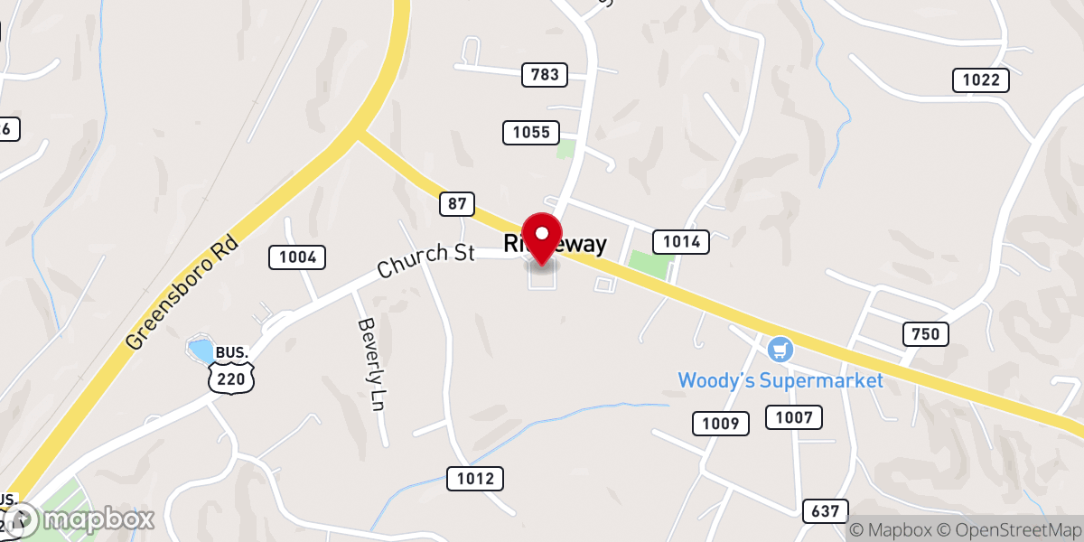 Map showing location of First Baptist Church of Ridgeway