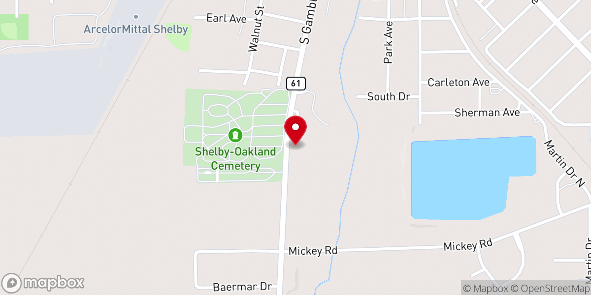 Map showing location of First Baptist Church of Shelby