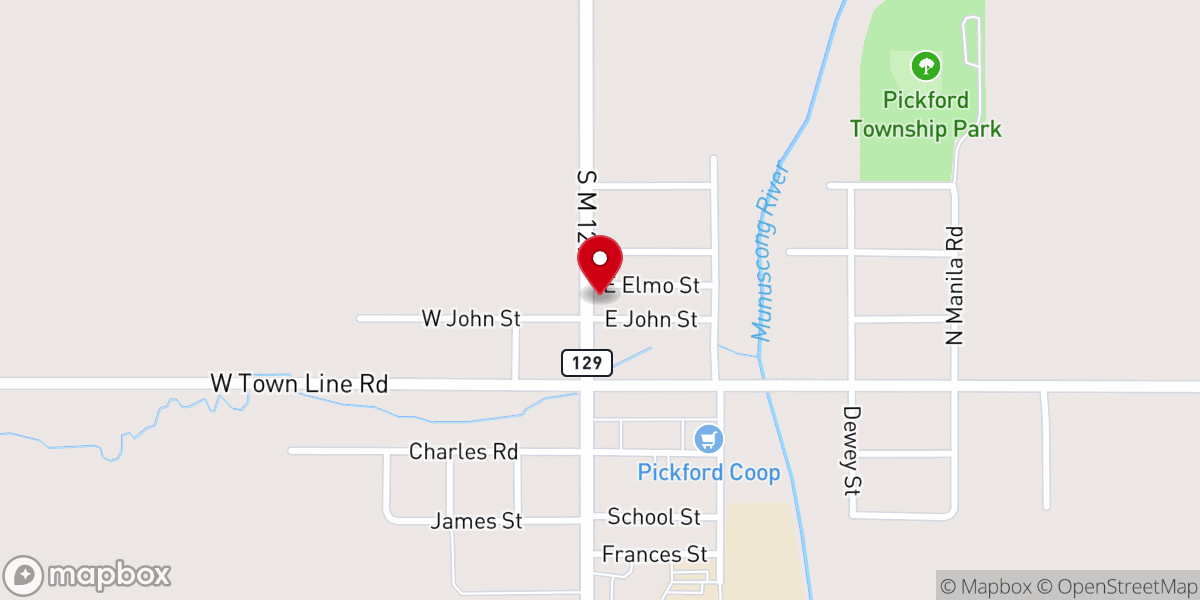 Map showing location of Pickford Presbyterian Church