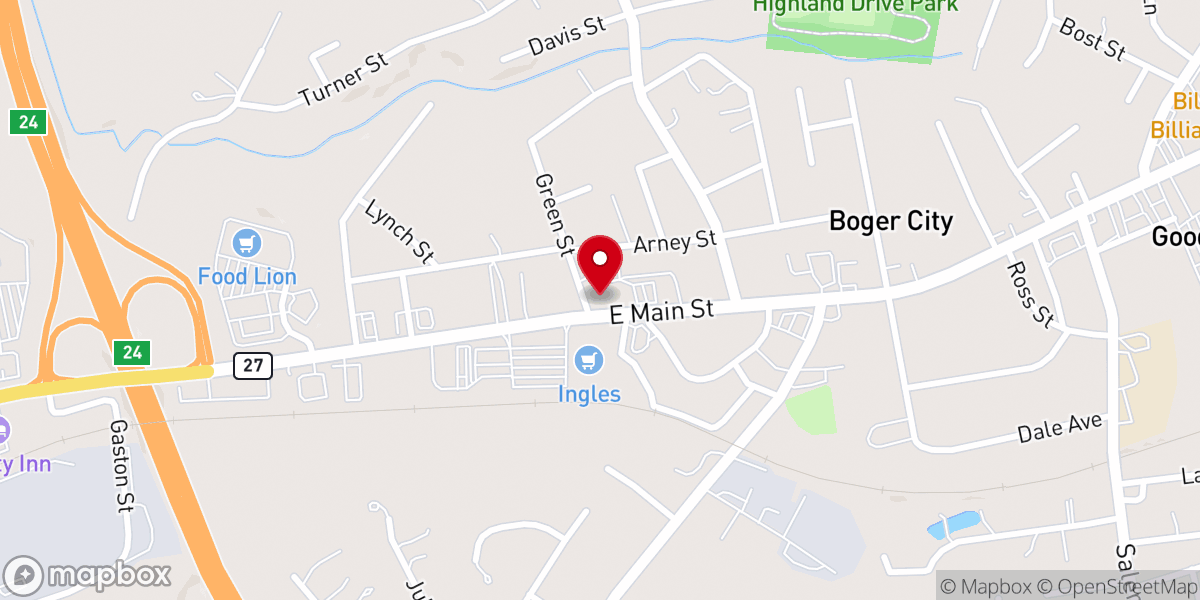 Map showing location of Boger City First Will Baptist Church