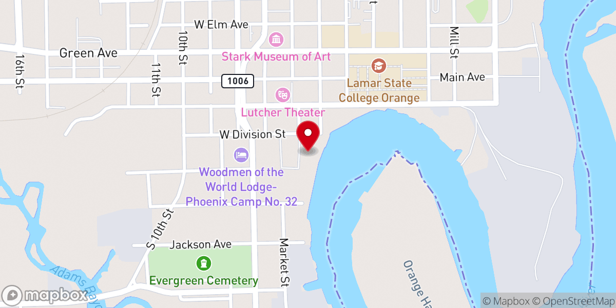 Map showing location of Riverfront Boardwalk & Pavilion, Orange, TX