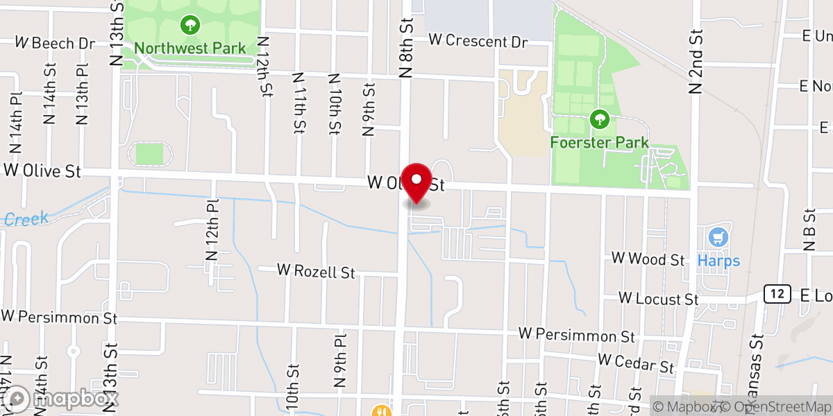Map showing location of First Baptist Church of Rogers - Olive Street