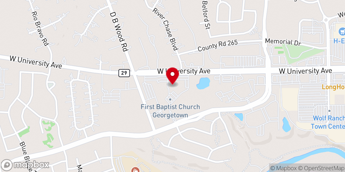 Map showing location of First Baptist Church of Georgetown, Texas