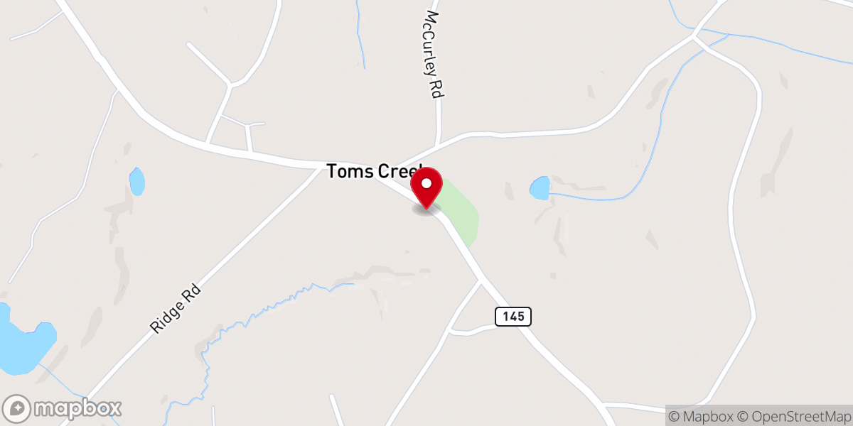 Map showing location of Toms Creek Baptist Church