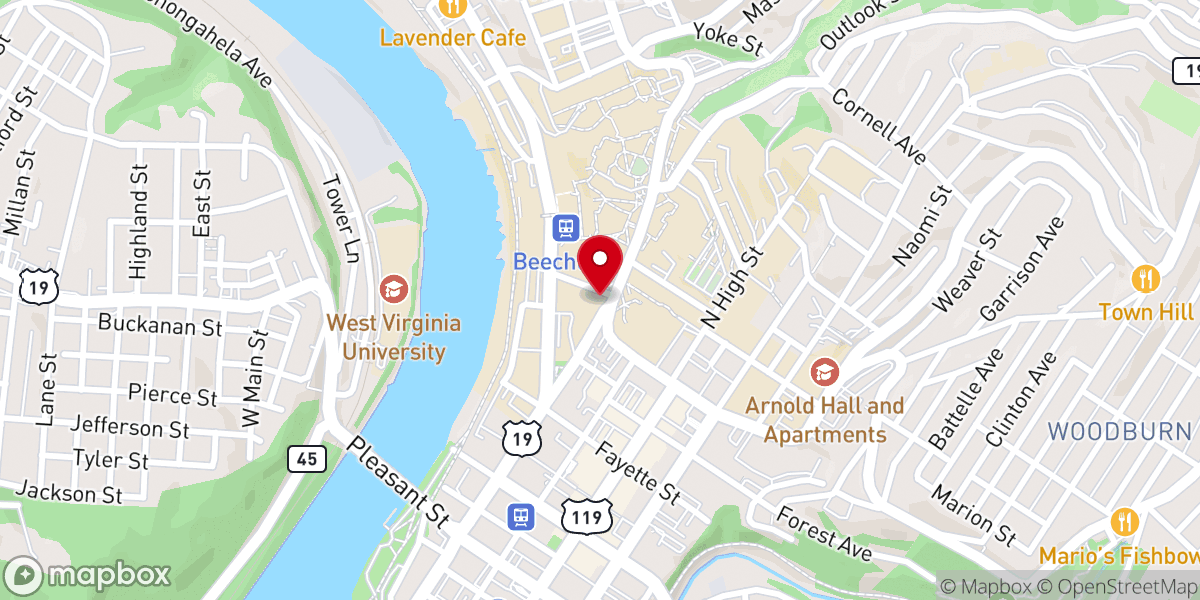 Map showing location of Lutheran Campus Ministry at WVU