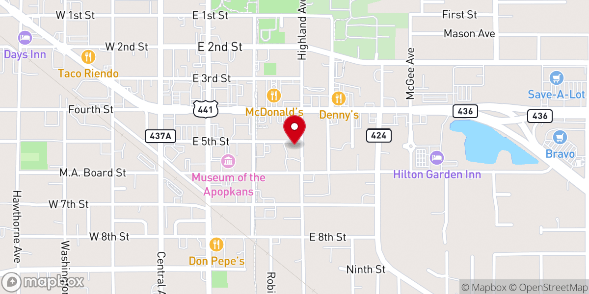 Map showing location of First Presbyterian Church of Apopka.