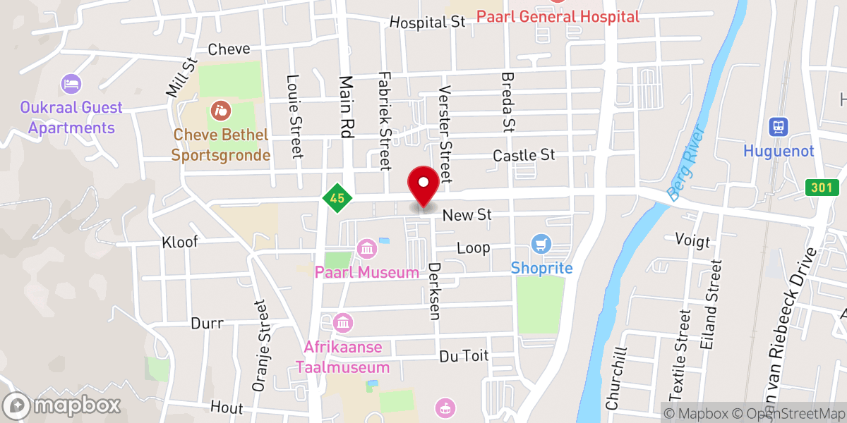 Map showing location of Revival Church International, 3 New Street, Patriots Square, Paarl, South Africa