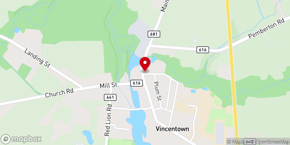 Map showing location of First Baptist Church of Vincentown
