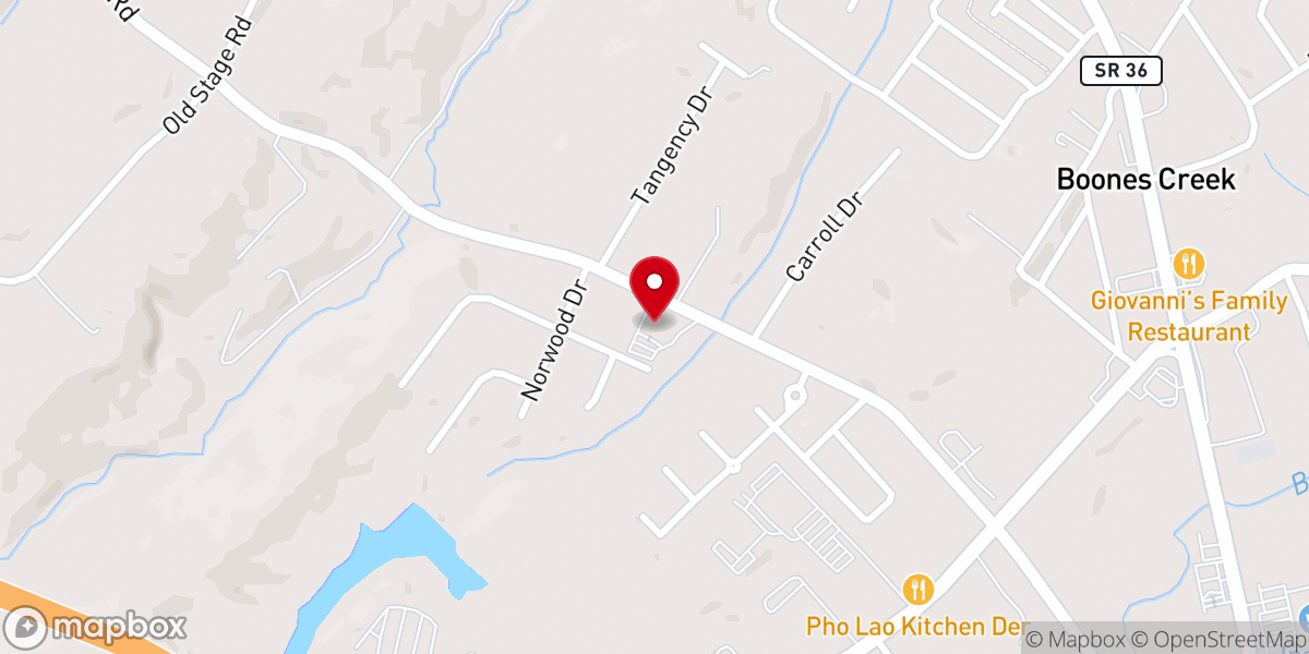 Map showing location of Boones Creek Bible Church