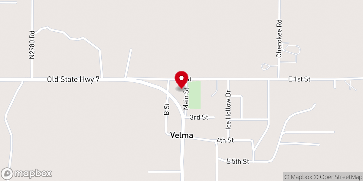 Map showing location of Velma Baptist Church