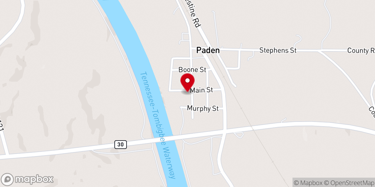 Map showing location of Paden Baptist Church