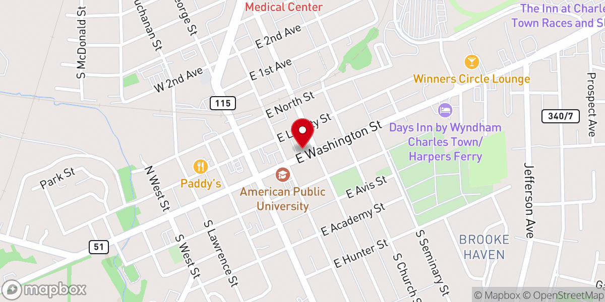Map showing location of Charles Town Presbyterian Church