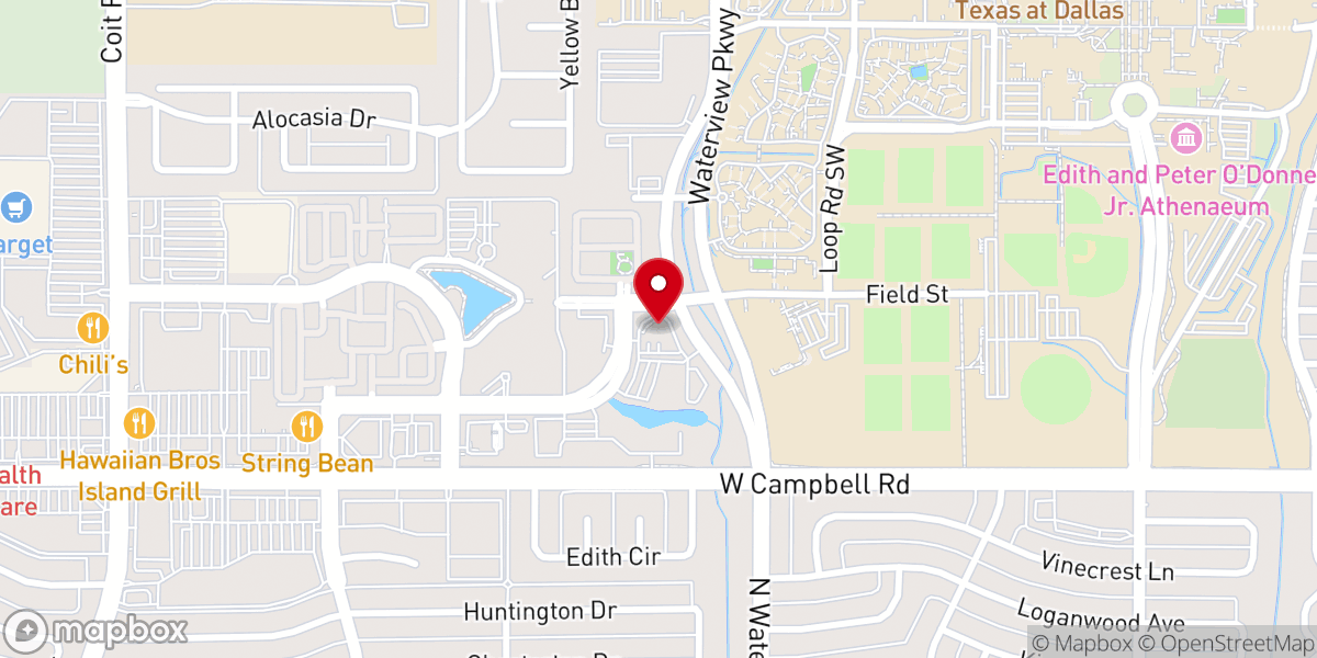 Map showing location of Tinker Catholic Student Center at UT Dallas