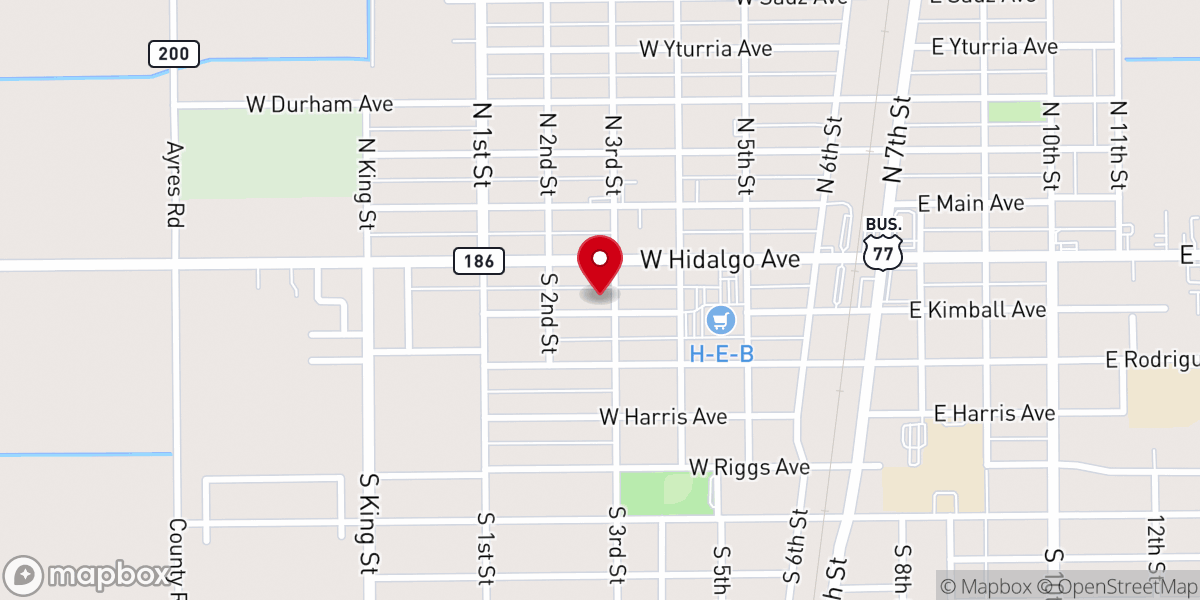Map showing location of Raymondville Methodist Church