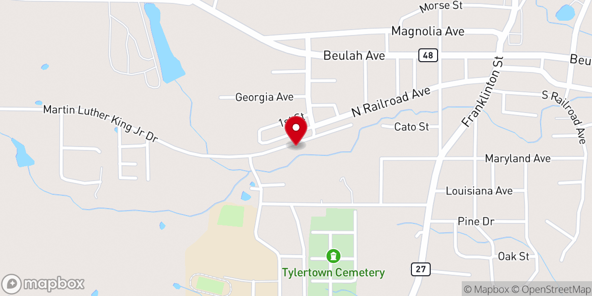 Map showing location of Tylertown First Baptist Church