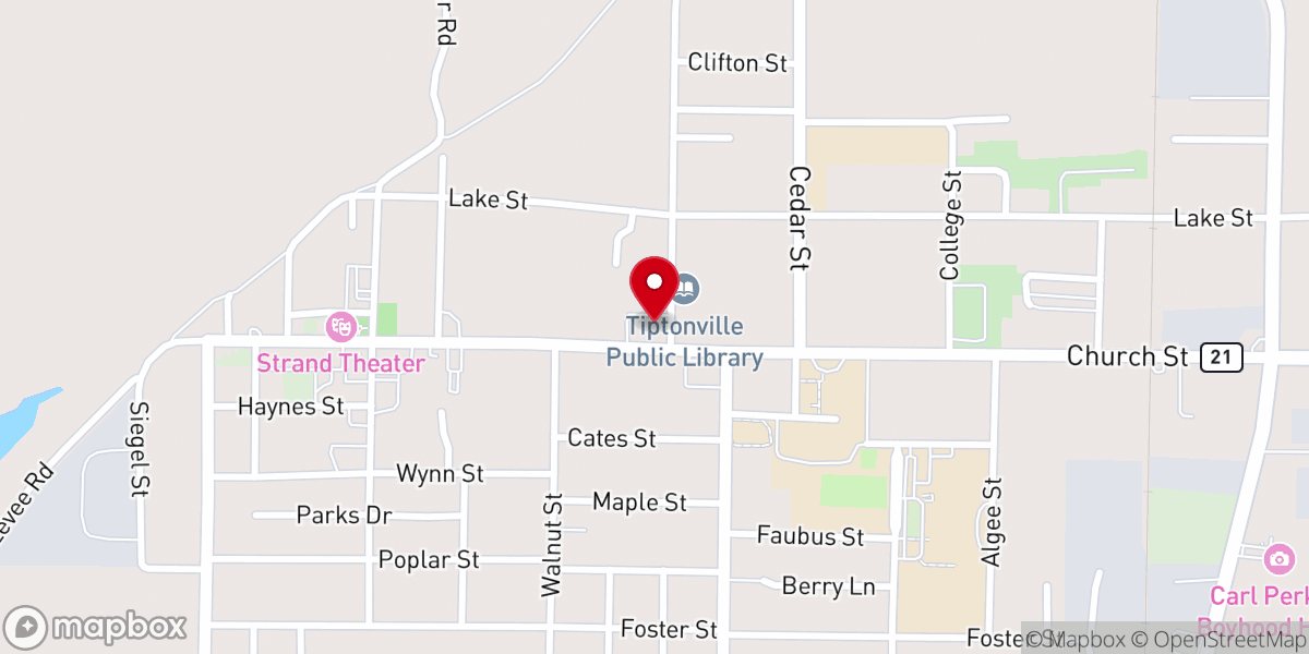 Map showing location of Tiptonville First Baptist Church